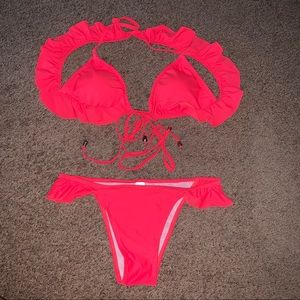 Ruffle Padded Bikini Set Neon Pink